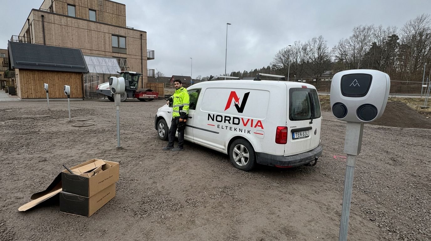 Nordvia Elteknik servicebil vid installation av laddstolpar